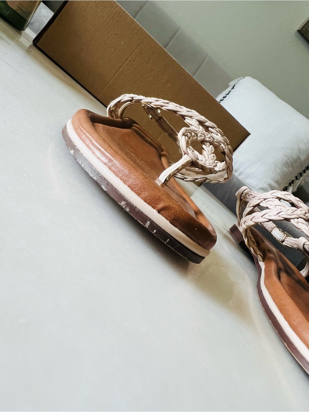 Kelly & Katie Braided T-Strap Sandal in Beige and Brown - Picture 3 of 8